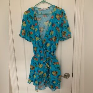 Rachel Antonoff Fruit Print Wrap Dress 100% Cotton Ruffle Hem